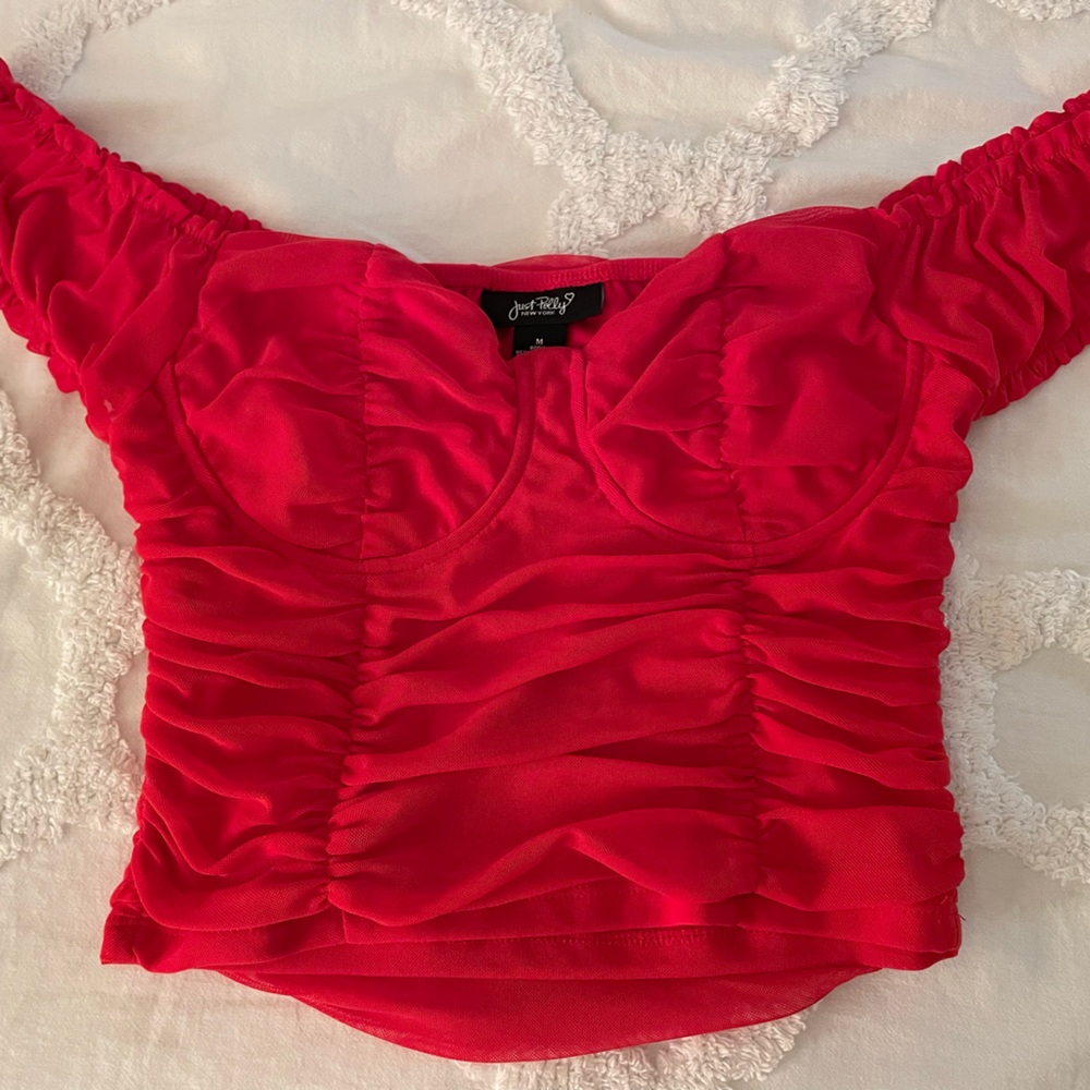 Just Polly Red, Rouched Mesh Bustier Crop Top